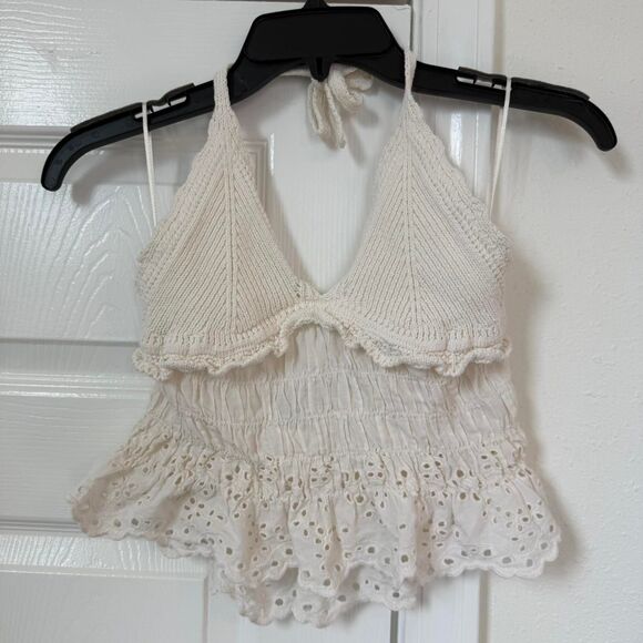 Zara Tops - Zara Women's White and Cream Crop-top